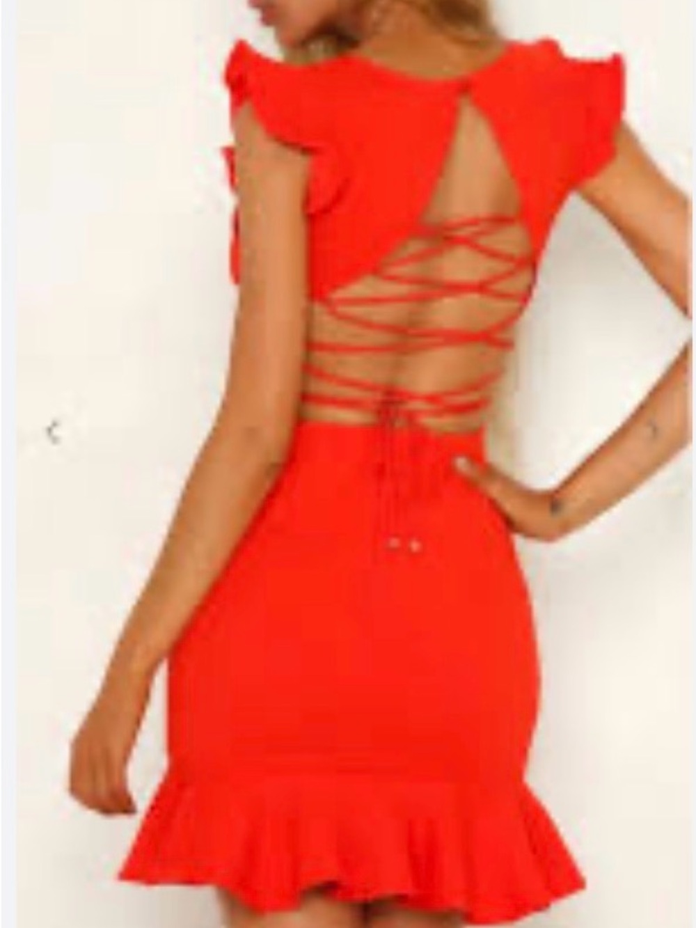 Hello Molly Red Lace-Up Backless Ruffle Hem Mini Dress